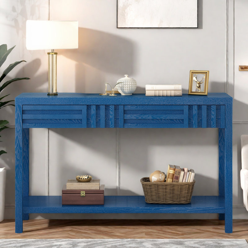 Modern Console Table With Striped Design, 2 Drawers And 2-tier Design, Navy
