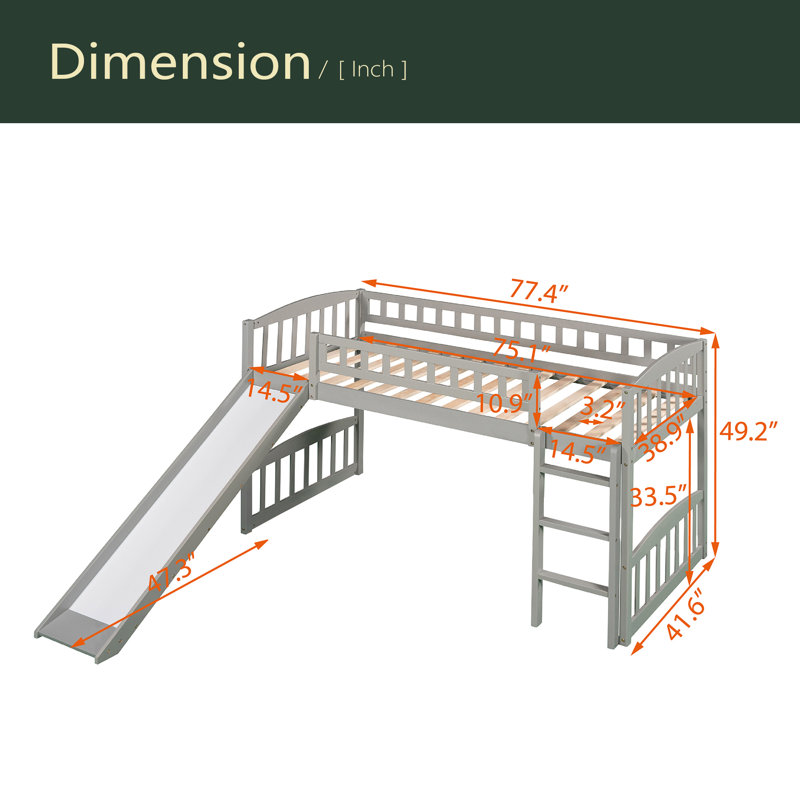 Lit mezzanine simple avec glissoire et échelle, Gris