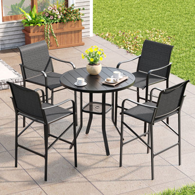 Patio Bar Height Set with Metal Round Bar Table and 4 Textilene Bar Chairs