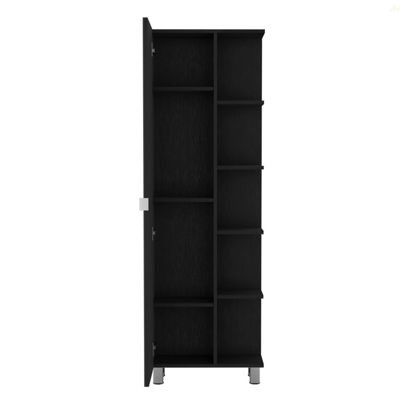 Armoire à linge en miroir, quatre tablettes intérieures, cinq tablettes extérieures, Noir