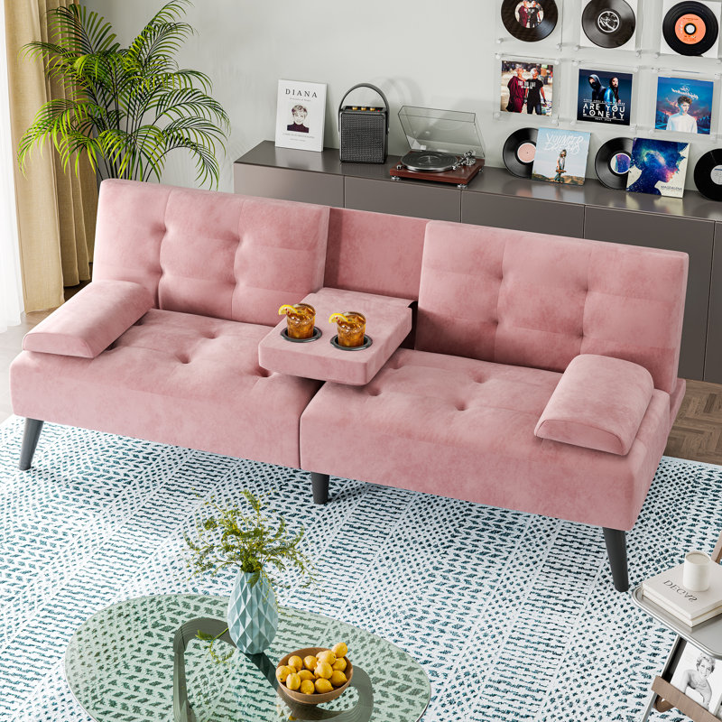 Canapé-lit futon convertible Aldiana, Velours rose