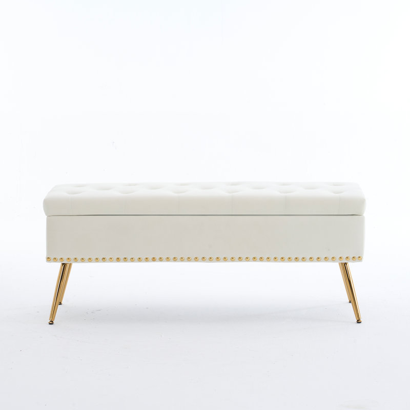 Banc repose-pieds en velours avec rangement, Ivoire, H 18 po x l 46 po x P 15,5 po