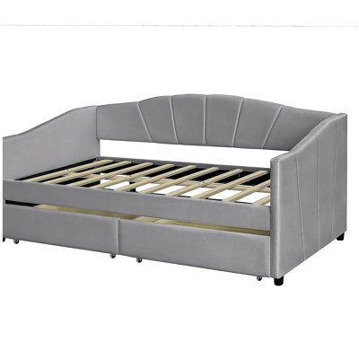 Fabric double sofa bed with two drawers and wooden crossbars, gray