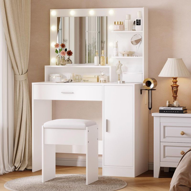 Vanity Desk with Mirror and LED Bulbs, Modern Makeup Dressing Table with Power Outlet, Storage Shelve, Hairdryer Rack & Cushioned Stool, Adjustable 3 Lighting Modes, Vanity Set for Bedroom