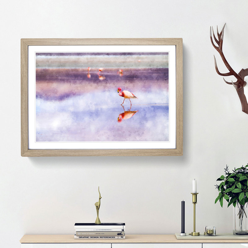 Flamingo Reflection - Picture Frame Graphic Art Print, Oak Framed, 62cm H x 87cm W x 2cm D