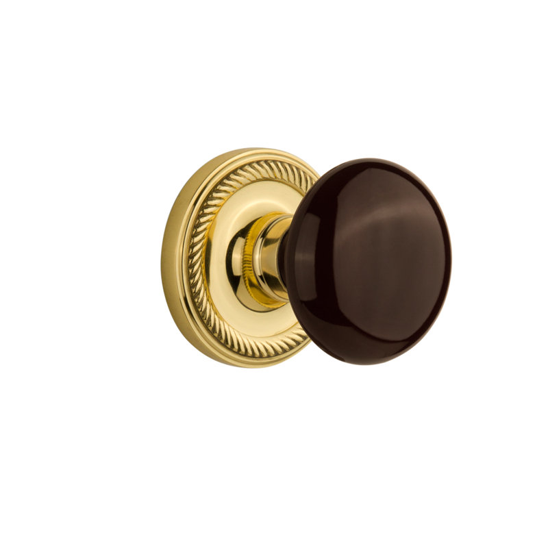 Rosette corde avec bouton de porte en porcelaine brune, 2 3/4 po, Laiton non laqué