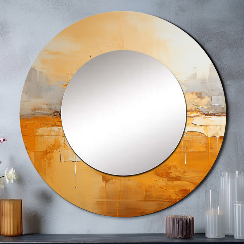Amber Glow I - grand miroir de paysages, décor de miroir mural rond unique jaune, impression d'art en métal, 29 po x 29 po