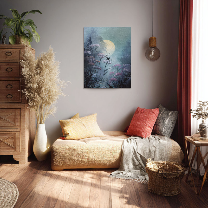 Spider on Wildflowers Misty Forest Full Moon Night - Art mural sur toile tendue - Décoration de salon, de chambre à coucher ou de bureau