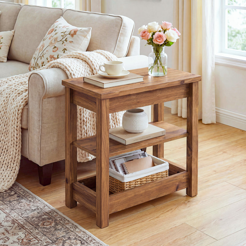 Table de bout en bois massif avec rangement à 3 niveaux, Marron foncé