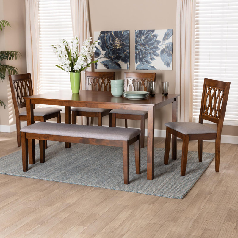6 - Person Four Leg Dining Set,  Walnut Brown,  Walnut Brown/Gray