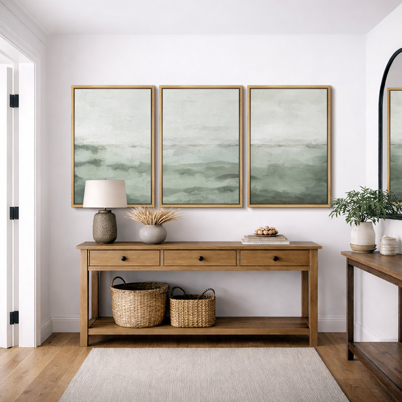«Minimal Landscape», art organique moderne vert sauge, images murales abstraites simples dans la chambre à coucher, grand ensemble de 3 impressions murales sur toile, 16 x 24 x 3, 24 x 36 x 3