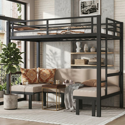 Full Over Full Metal Futon Bunk Bed, Black Loft Bed with 3-Section Pull-Out Lower Bunk & Safety Rails, Convertible Sofa Bunk Bed for Teens, Adults, Bedroom