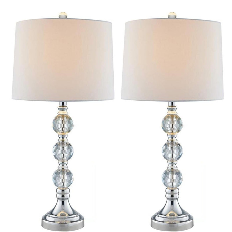 Ensemble de 2 lampes de table modernes en cristal transparent de 70 cm (27,5 po) avec abat-jour blanc et base en nickel, intensité variable à 3 niveaux, pour chambre et salon.