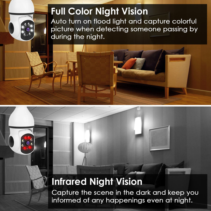 E27 WiFi Bulb Camera 1080P Pan Tilt Security Cam with Night Vision and Siren
