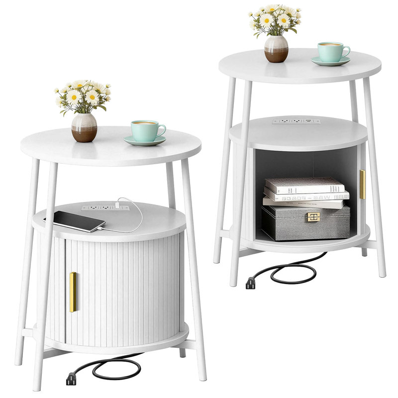End Tables Side Table With Storage, Fluted Nightstand With Charging Station, Small Mid-century Modern Bedside Tables, Side Table For Small Space Living Room Bedroom Sofa Couch