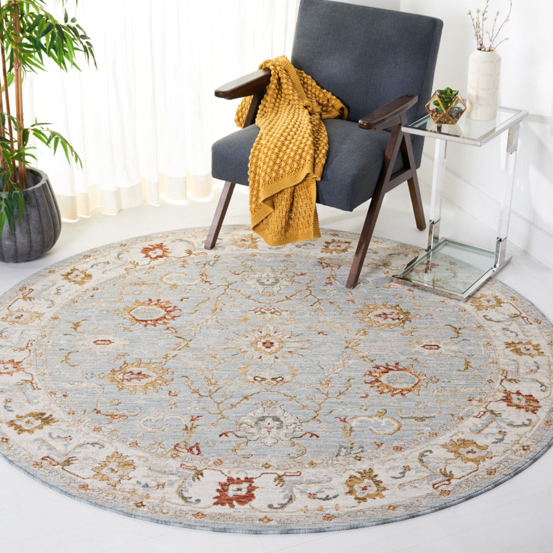 Tapis oriental en polyester bleu / or Xanthi, Rond 6 pi 7 po