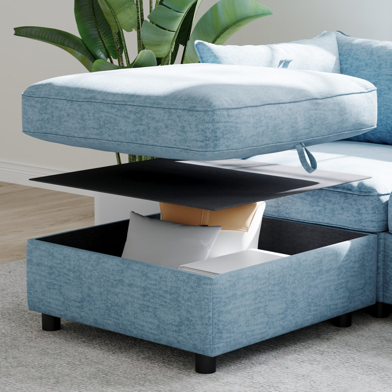 Canapé-lit modulaire convertible à 6 places, rangement sous le siège, tissu en chenille bleu antique, dossier à ressorts ensachés et coussins confortables