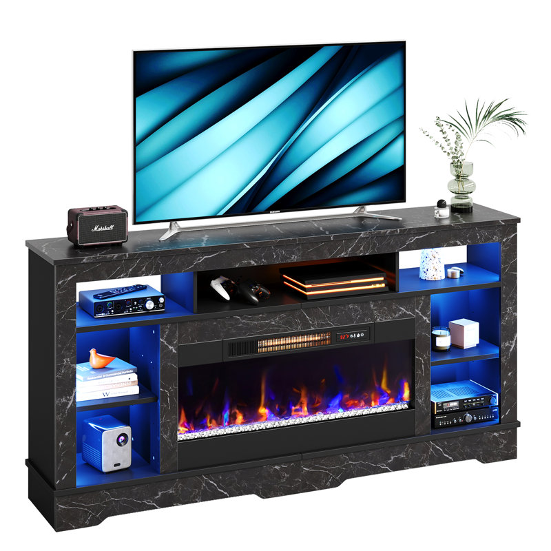 Benigno 70" W Tall Fireplace TV Stand with LED Lighting for TVs up to 80", Black