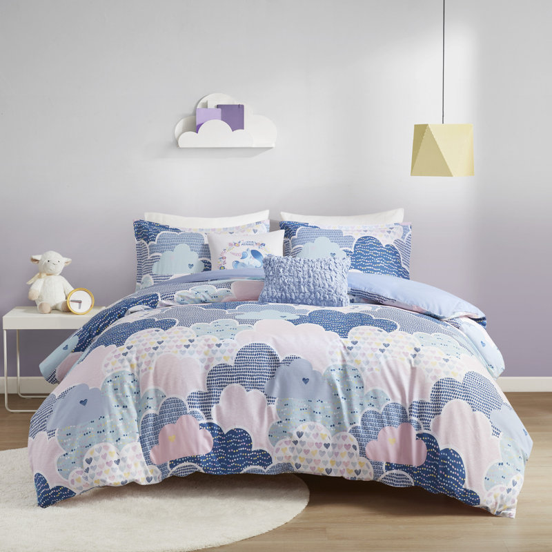 Cloud Cotton Printed Duvet Cover Set, Twin Duvet Cover+1 Standard Sham+2 Throw Pillows, Blue