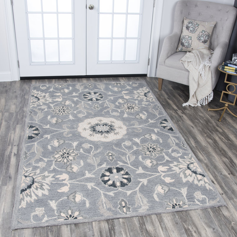 Tapis de zone gris en laine touffeté à la main Polen, Rectangle 9 pi x 12 pi