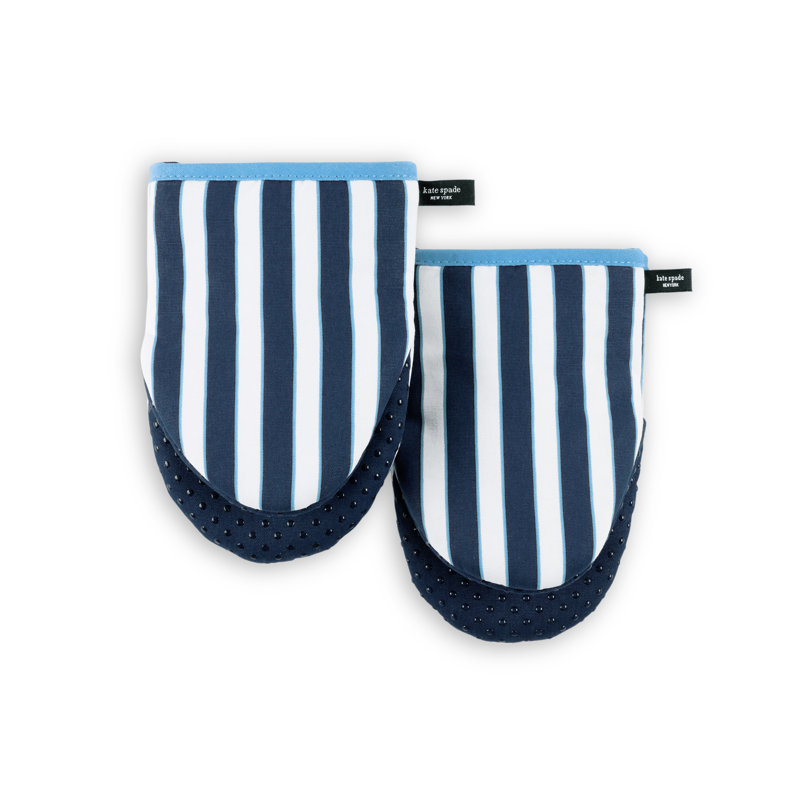 KATE SPADE NEW YORK Botanical Stripe Mini Oven Mitt 2-Pack Set, Heat Resistant, 100% Cotton, French Navy, 5.5"x8"