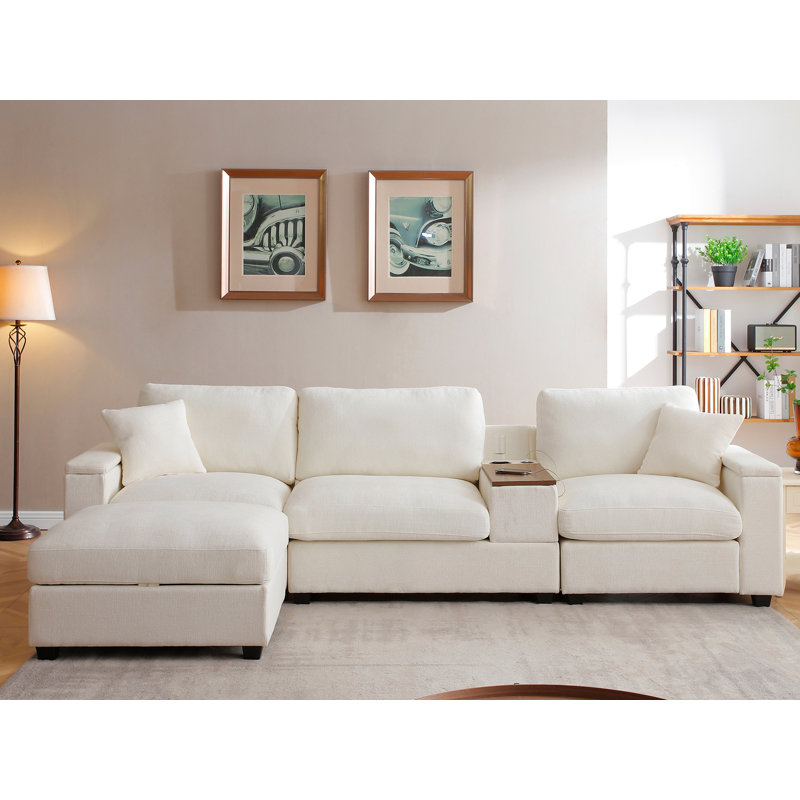 Modular Sectional Sofa With Storage Ottoman, Beige Linen