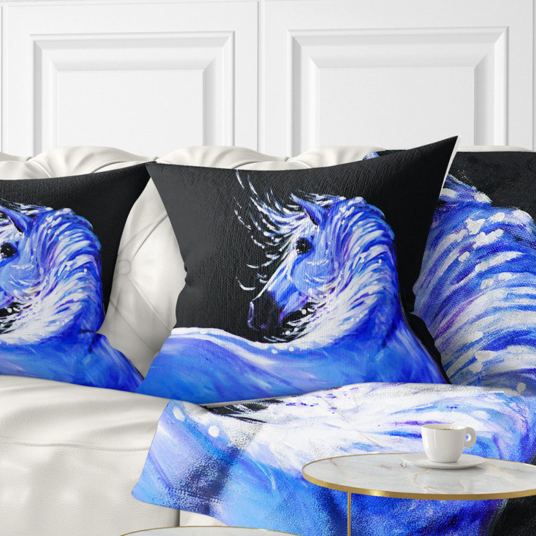 Art en acrylique «Blue Horse» - coussin imprimé animal, 18 po x 18 po, Coussin décoratif