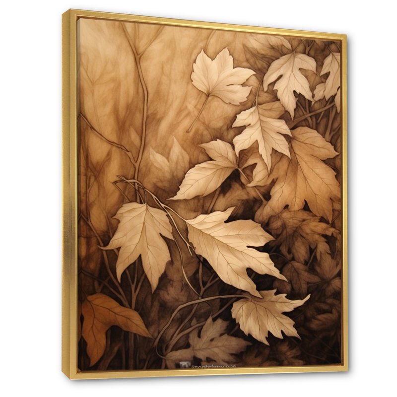 «Brown Beige Leafs Harmony III», reproduction sur toile, H 40 po x l 30 po x P 1,5 po, Cadre flottant doré