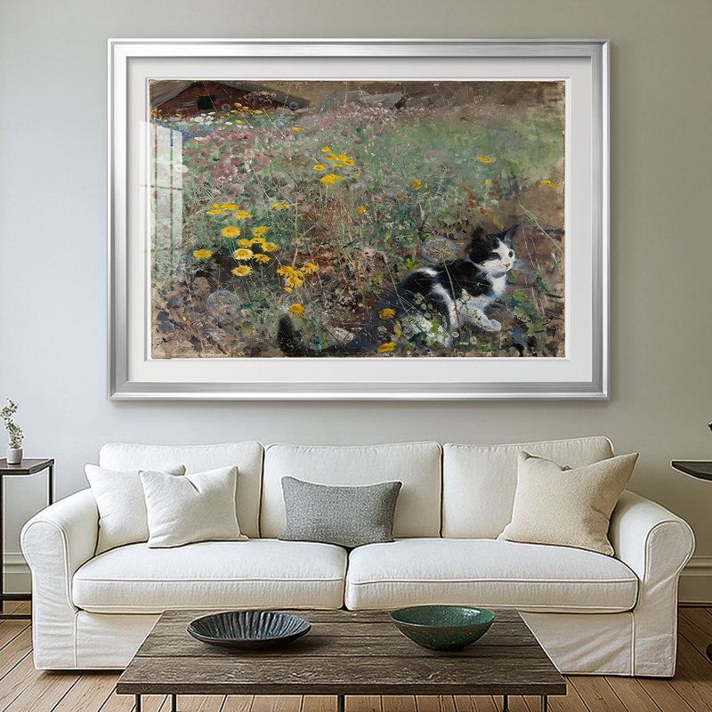 Chat dans un pré d'été - Bruno Liljefors - Reproduction encadrée avec passe-partout et verre - 1887, 26,5 x 36,5, Argent