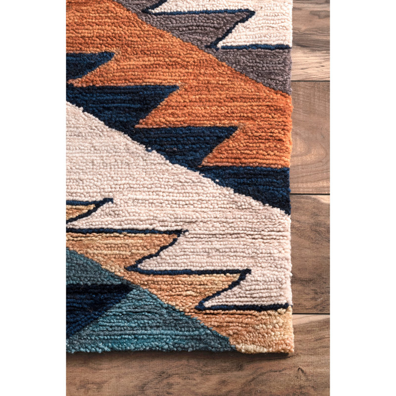 Handmade Hooked Orange/Cream/Navy Area Rug, Rectangle 5' x 8'