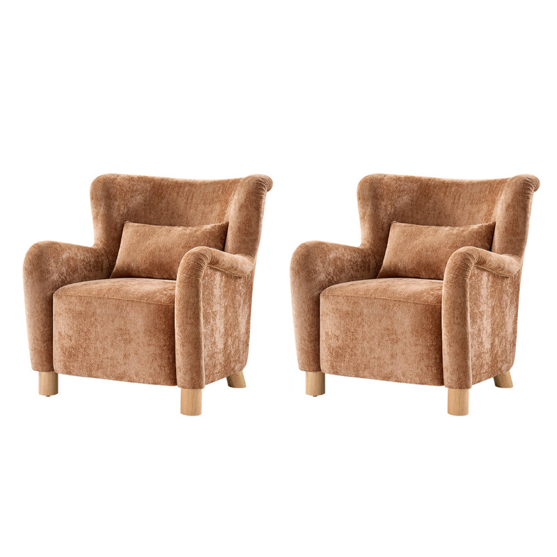 Walbert Modern Boucle Wingback Accent Chair With Pillow And Solid Wood Legs Set of 2, Brown Boucle