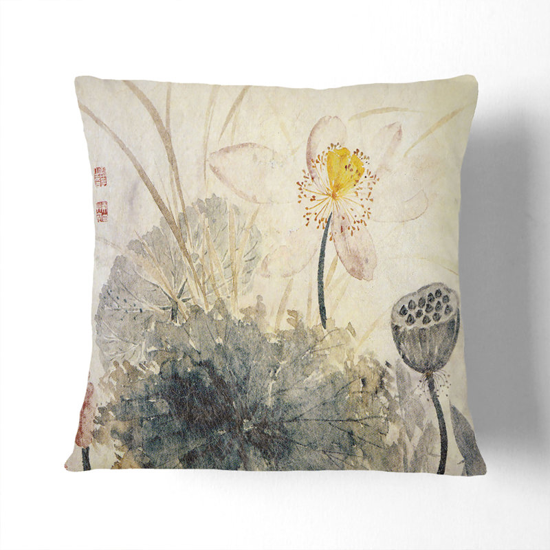 Lotus Flower by Yun Shouping Cushion with Filling, 40cm H x 40cm W x 15cm D, Stone