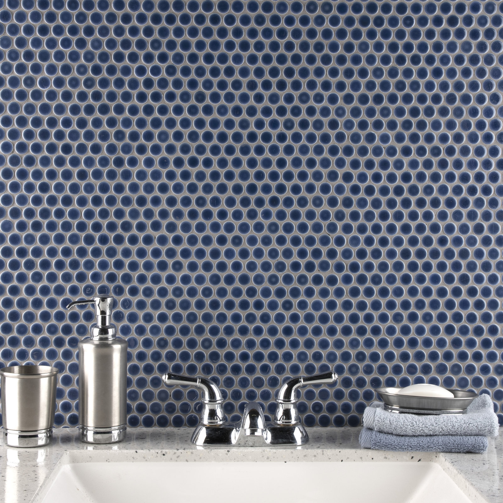 Hudson Penny Round Porcelain Mosaic Tile, Denim Blue