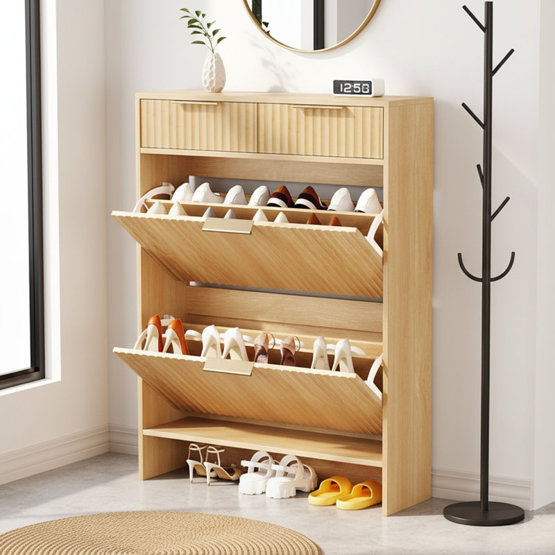 2-Drawer 2-Tip-Down Drawer Slatted Shoe Cabinet, Oak Color