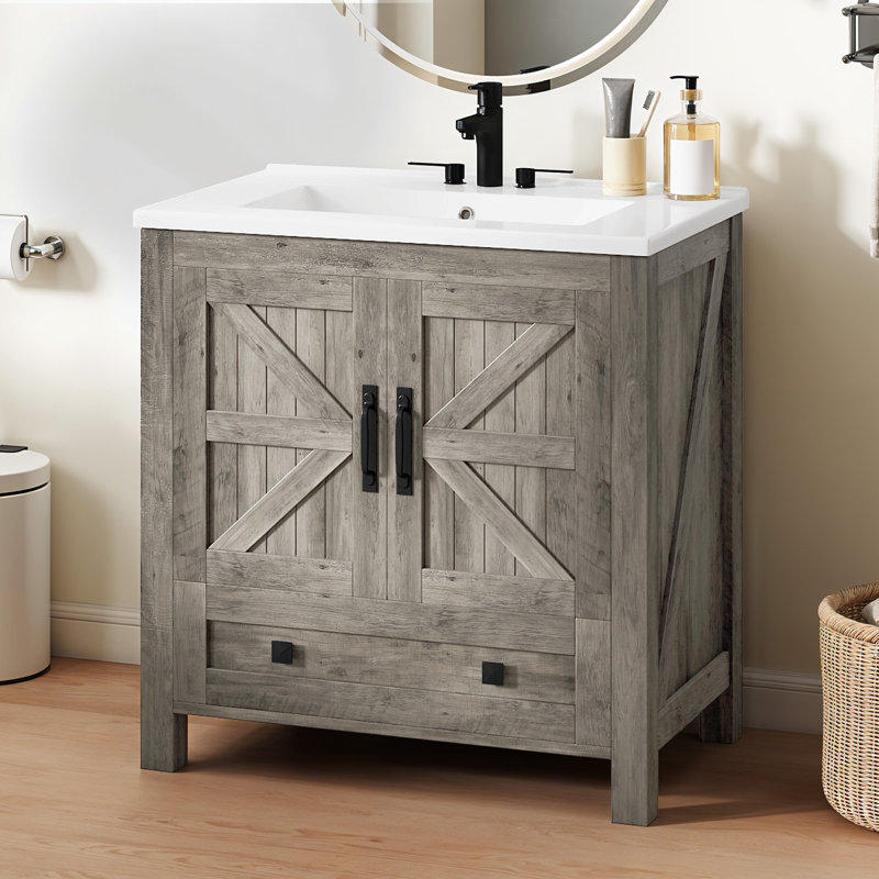 Farmhouse  30" Bathroom Vanity With Sink, Bathroom Cabinet With Drawer, Gray