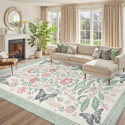 Tapis rétro vert oriental à motif floral 2 * 6 pi / 5 * 7 pi / 9 * 12 pi, tapis lavable antidérapant à poils courts avec bordure moderne pour salle à manger, bureau, salon et salle de jeux pour enfants
