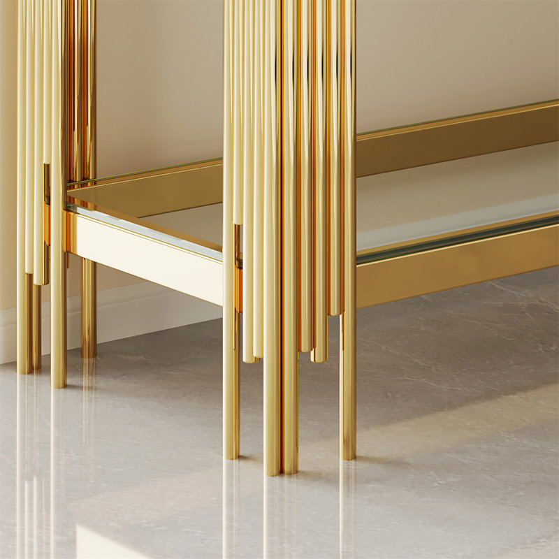 Console en verre trempé double couche supérieure et inférieure avec cadre en acier inoxydable à finition miroir pour un rangement amélioré et un décor moderne