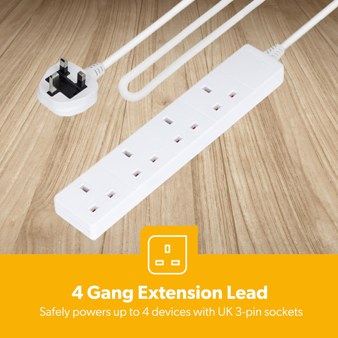 GEEPAS 4 Gang Extension Lead, 2M Cable | 4-Way Plug Extension Cable, Overload Protection | Wall Mountable & Multi Socket Mains Strip for Home Bedroom