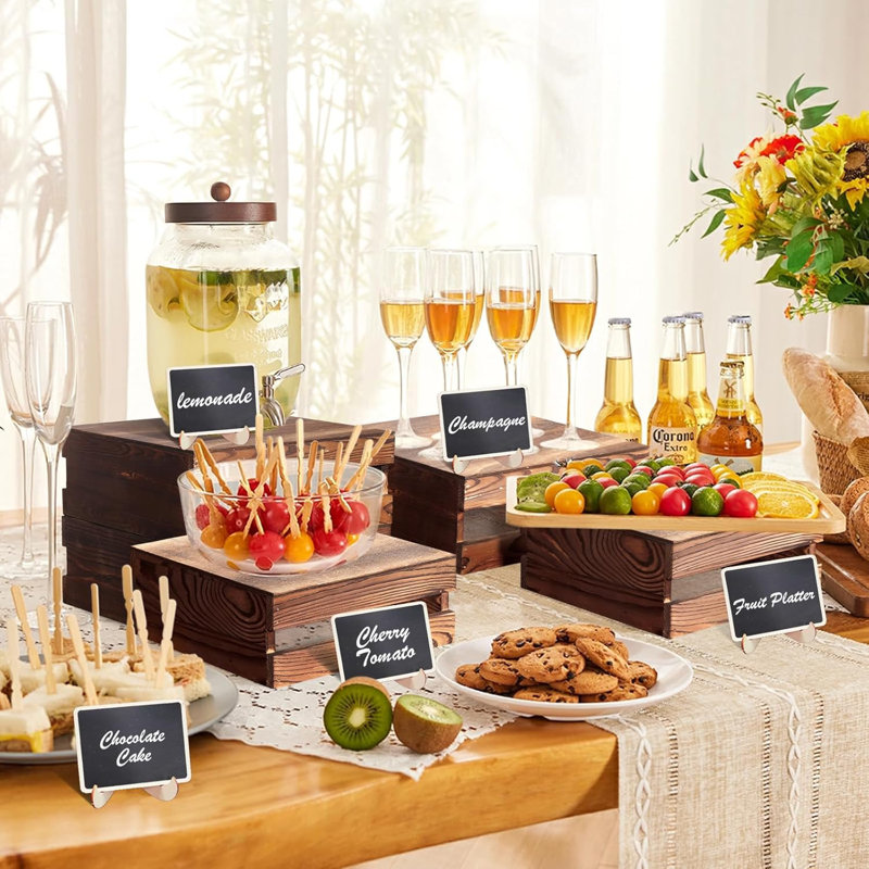 8 risers en bois rustique avec mini enseignes - 4 tailles de présentoir à dessert et à gâteaux pour fête de mariage
