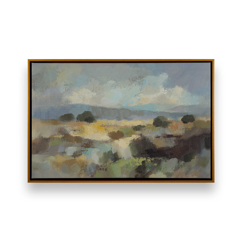 «Mute Blue Landscape» par Silvia Vassileva, reproduction d'art sur toile, H 36 po x l 48 po, Cadre flottant, Doré