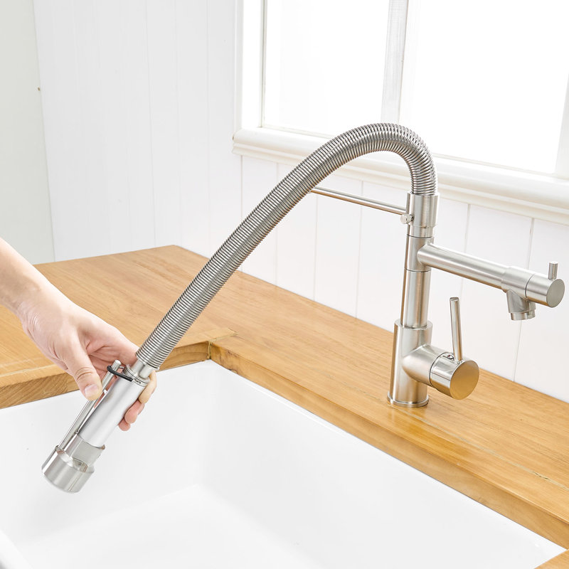Hot And Cold Water Kitchen Faucet With Gorgeous Brushed Nickel Pull Down - Brass Build Commercial Versatile Solid For A Practical