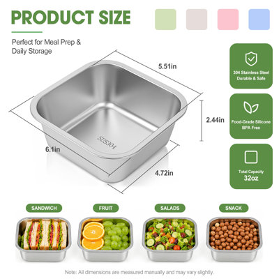 Stainless Steel Sandwich Containers with Leakproof Silicone Lids, 32 oz Reusable Metal Lunch Boxes