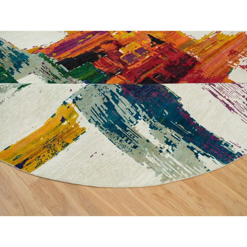 Tapis rond en laine ivoire et soie sari 14 'x 14' à motifs abstraits modernes 1C2F76147597497AA9C9749C5AFD84F8
