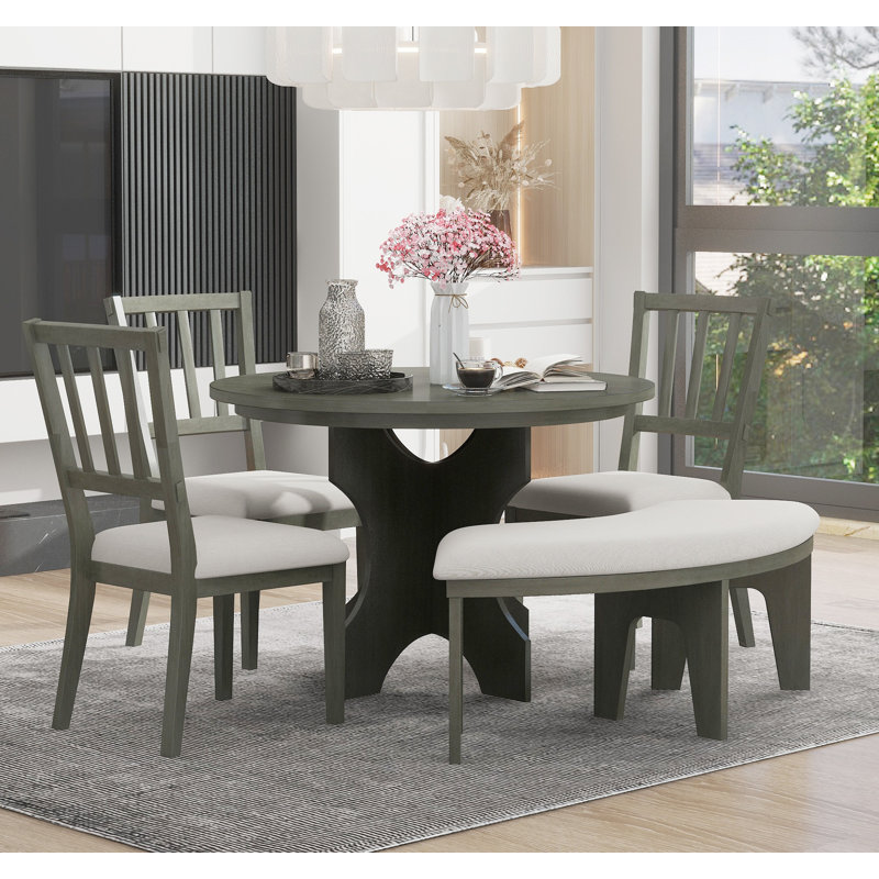 TREXM 5-piece Rustic Charm Round Dining Set with 3 Upholstered Chairs and Curved Bench, Grey/White, Grey