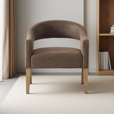Modern Upholstered PU Open Back Accent Armchair Barrel Dining Chair With Weathered Rubberwood Legs, Hollow-Out Side Club Chair