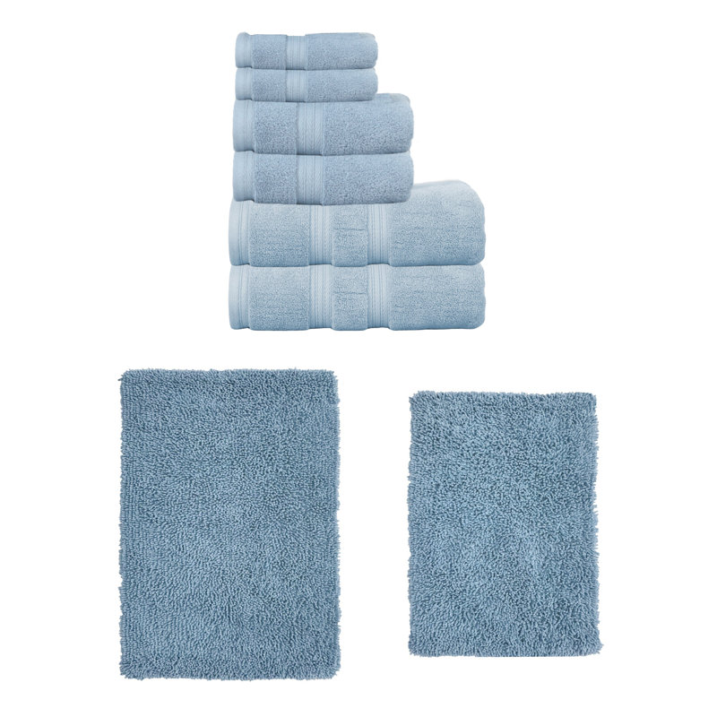 Ensemble de serviettes 6 pièces 100% coton et 1 tapis de bain 17 x 24 "Fantasia Collection, (ensemble de 7), Bleu