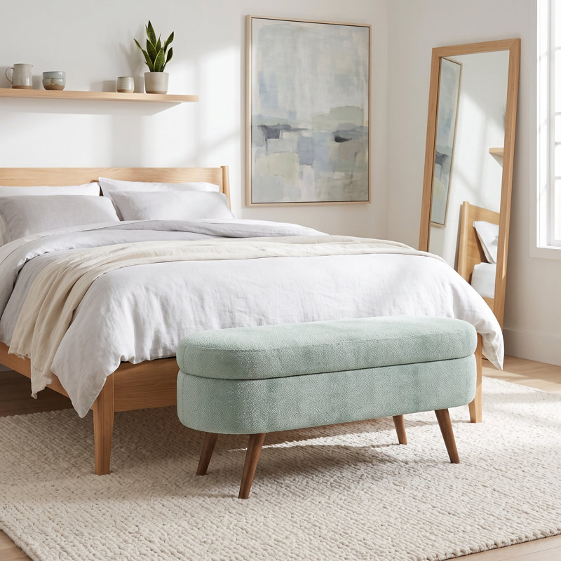 Repose-pieds ovale avec rangement en tissu plissé, pieds en bois d'hévéa massif et intérieur spacieux - Repose-pieds polyvalent, sièges supplémentaires et pièce décorative