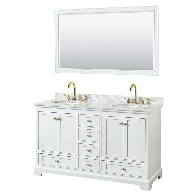 Deborah 60'' Double Bathroom Vanity with Marble Top, White, Gold