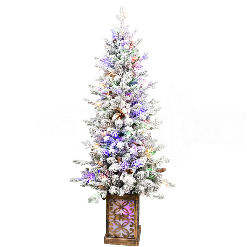 Arbre de Noël 4 pi avec lumières DEL multicolores, 396 pointes, base scintillante, 100 lumières, extrémités en PE / PVC avec pommes de pin - vasque colorée illuminée, décoration des Fêtes facile à assembler