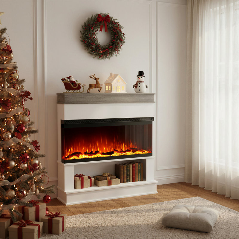 Foyer électrique autoportant blanc de 132 cm (52 ​​po) à 3 faces avec manteau et rangement, insert de foyer extra-large, flamme à 12 couleurs, mode flamme seule, chauffage de 1 500 W